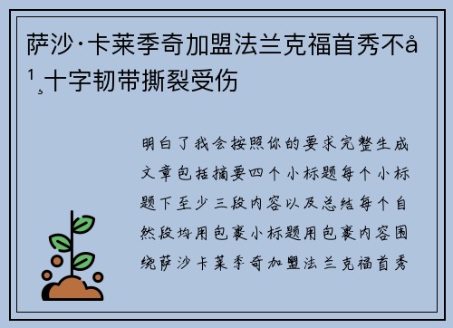 萨沙·卡莱季奇加盟法兰克福首秀不幸十字韧带撕裂受伤