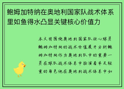 鲍姆加特纳在奥地利国家队战术体系里如鱼得水凸显关键核心价值力 鲍姆加特纳在奥地利国家队战术体系里如鱼得水凸显关键核心价值力