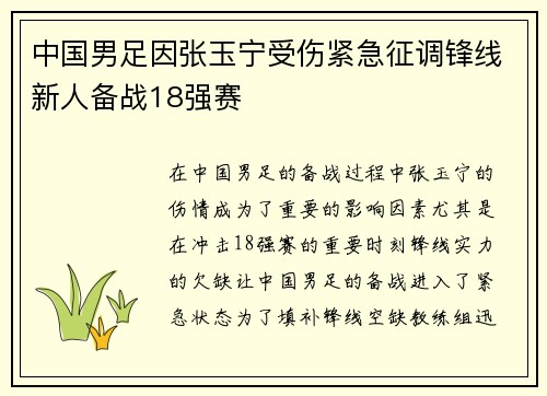 中国男足因张玉宁受伤紧急征调锋线新人备战18强赛