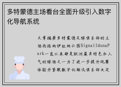 多特蒙德主场看台全面升级引入数字化导航系统