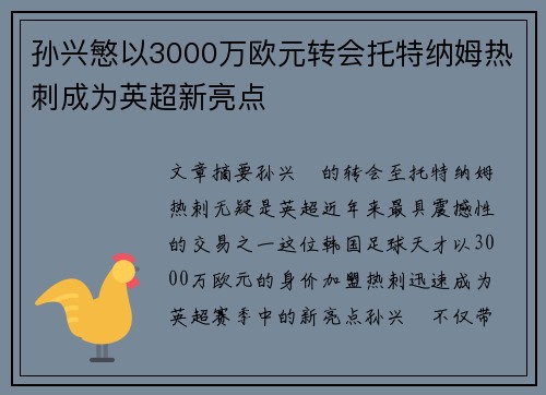 孙兴慜以3000万欧元转会托特纳姆热刺成为英超新亮点